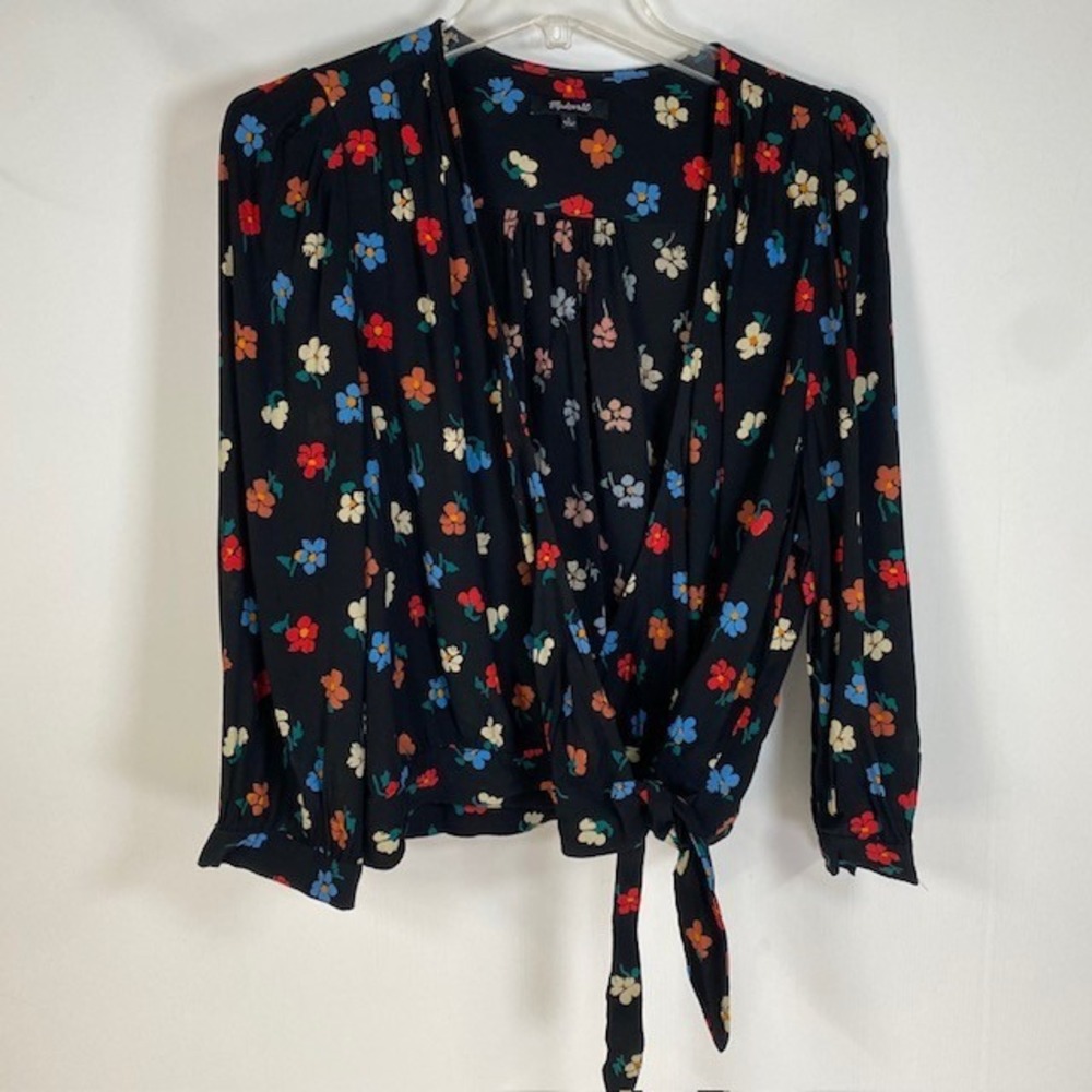 Madewell Floral Print Wrap‎ Tie Blouse Long Sleeve Black Size L